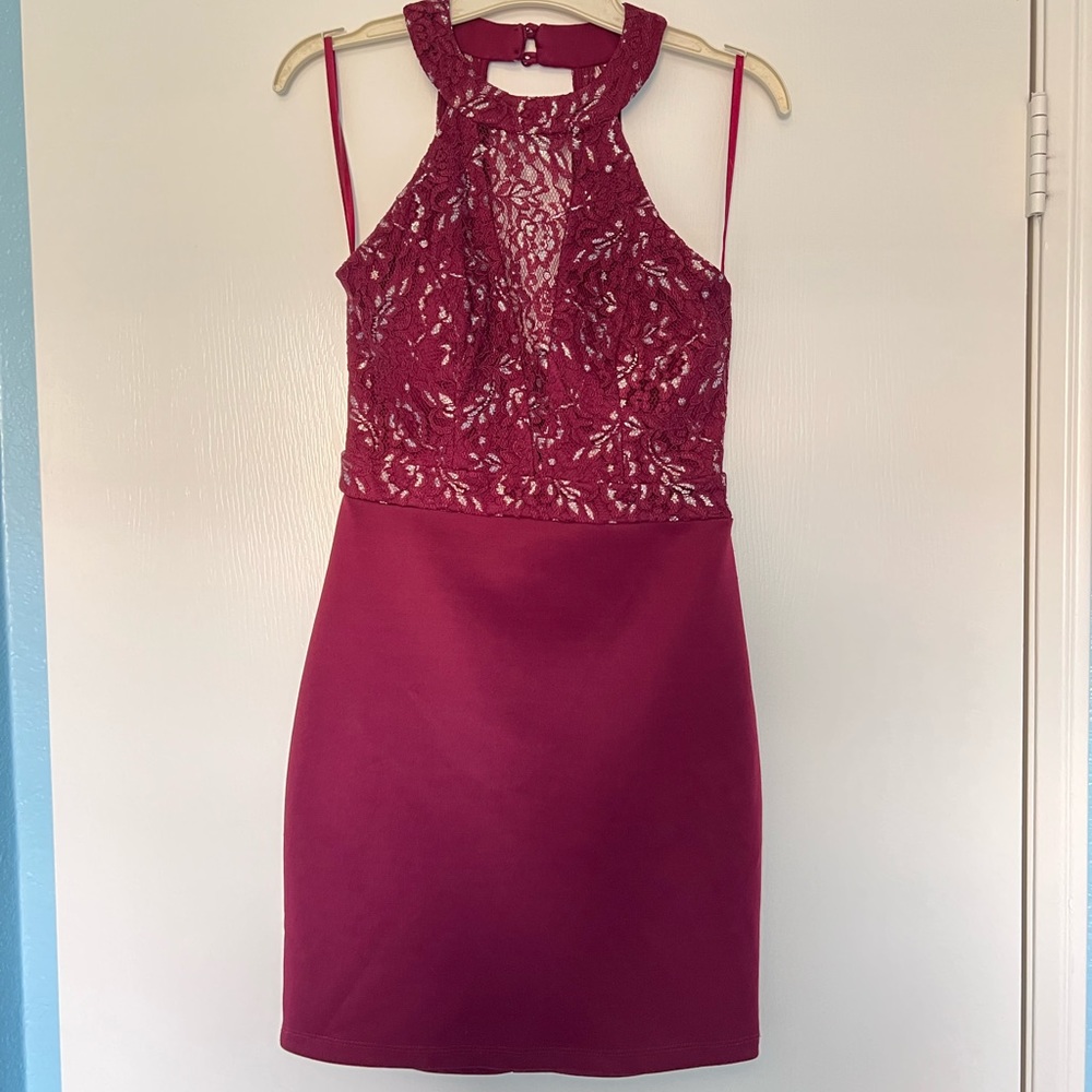 B. DARLIN juniors burgundy silver metallic lace halter dress